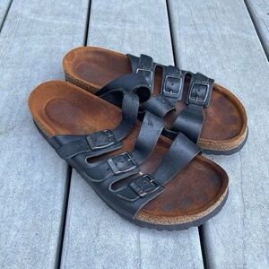 NAOT Black Leather Cork Slides Slip On Sandals Adjustable Straps Size 6.5 - 7